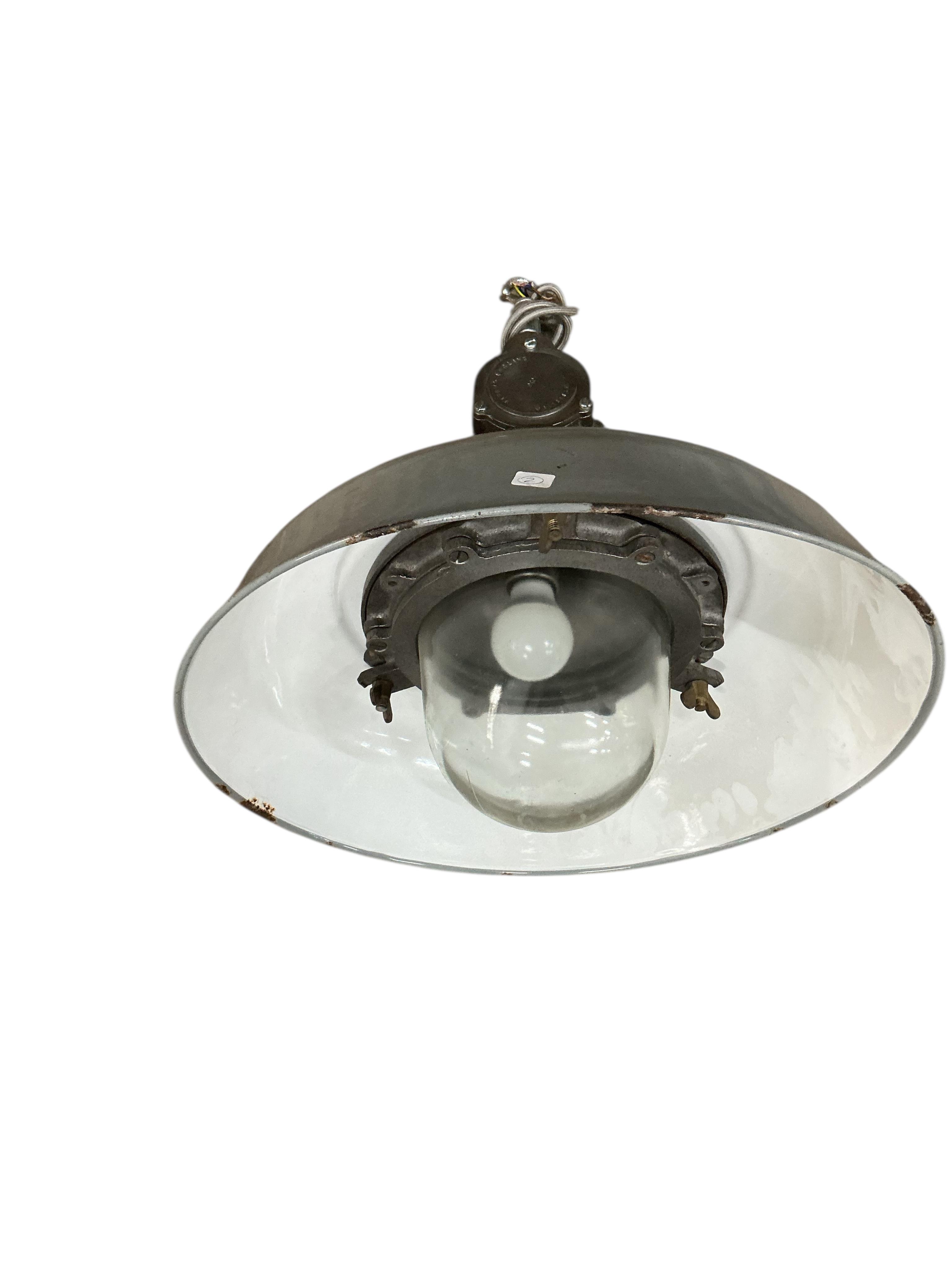 A pair of GEC grey enamel pendant ceiling lights, diameter 45cm, height 46cm